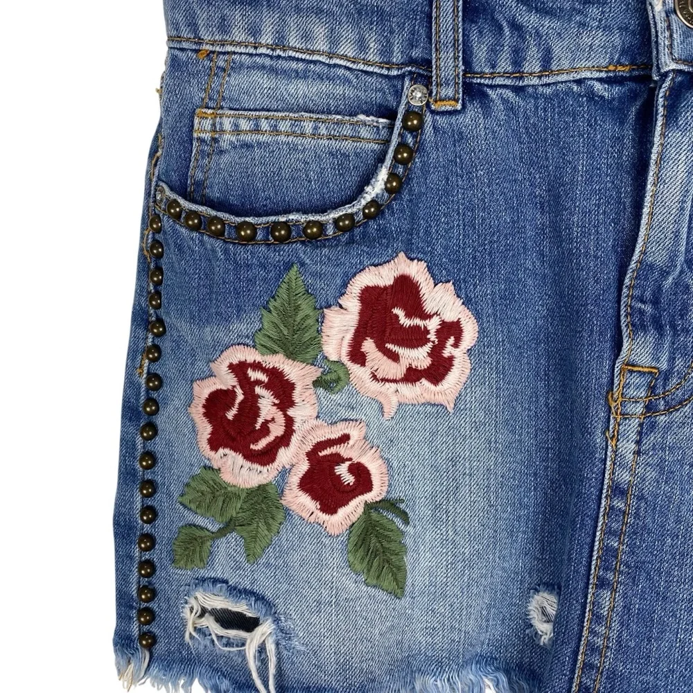 Free People Embroidered Jean Skirt Mini Blue Denim Size 25 - Picture 5 of 11